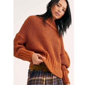 Free People Oversized Chunky Knit Turtleneck Sweater in Burnt Orange